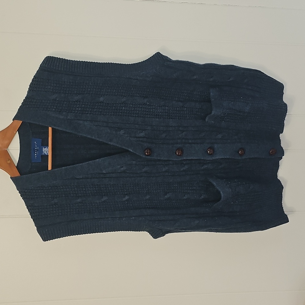 Towncraft Men's Blue Cable Knit Vest Cardigan Sweater XL Grandpa Eclectic Granny